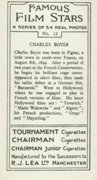 1939 R.J. Lea Famous Film Stars #13 Charles Boyer Back