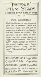 1939 R.J. Lea Famous Film Stars #17 Fred MacMurray Back