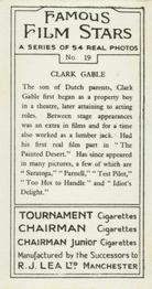 1939 R.J. Lea Famous Film Stars #19 Clark Gable Back