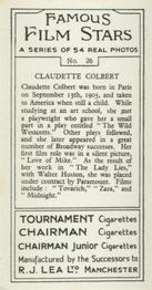 1939 R.J. Lea Famous Film Stars #26 Claudette Colbert Back