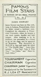 1939 R.J. Lea Famous Film Stars #31 James Stewart Back