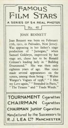 1939 R.J. Lea Famous Film Stars #40 Joan Bennett Back