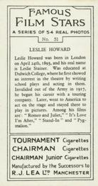 1939 R.J. Lea Famous Film Stars #51 Leslie Howard Back