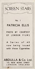 1939 Abdulla & Co. Screen Stars #1 Patricia Ellis Back