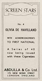 1939 Abdulla & Co. Screen Stars #4 Olivia De Havilland Back