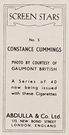 1939 Abdulla & Co. Screen Stars #5 Constance Cummings Back