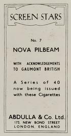 1939 Abdulla & Co. Screen Stars #7 Nova Pilbeam Back