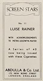 1939 Abdulla & Co. Screen Stars #11 Luise Rainer Back