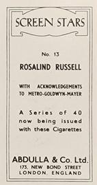 1939 Abdulla & Co. Screen Stars #13 Rosalind Russell Back