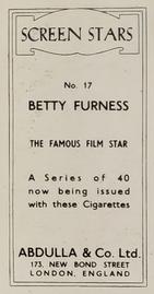 1939 Abdulla & Co. Screen Stars #17 Betty Furness Back