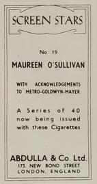 1939 Abdulla & Co. Screen Stars #19 Maureen O'Sullivan Back