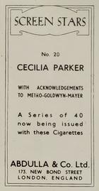 1939 Abdulla & Co. Screen Stars #20 Cecilia Parker Back