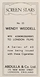 1939 Abdulla & Co. Screen Stars #23 Wendy Weddell Back