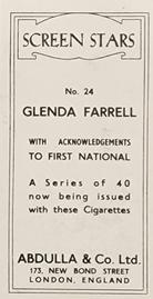 1939 Abdulla & Co. Screen Stars #24 Glenda Farrell Back