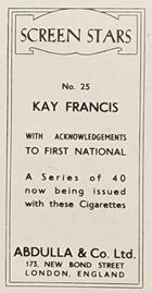 1939 Abdulla & Co. Screen Stars #25 Kay Francis Back