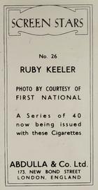 1939 Abdulla & Co. Screen Stars #26 Ruby Keeler Back