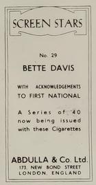 1939 Abdulla & Co. Screen Stars #29 Bette Davis Back
