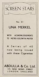 1939 Abdulla & Co. Screen Stars #21 Una Merkel Back