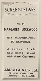 1939 Abdulla & Co. Screen Stars #34 Margaret Lockwood Back