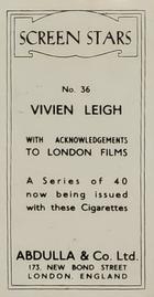 1939 Abdulla & Co. Screen Stars #36 Vivien Leigh Back