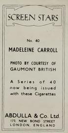 1939 Abdulla & Co. Screen Stars #40 Madeleine Carroll Back