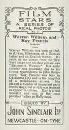 1937 John Sinclair Film Stars #71 Warren William / Kay Francis Back