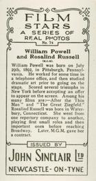 1937 John Sinclair Film Stars #74 William Powell / Rosalind Russell Back