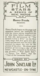 1937 John Sinclair Film Stars #95 Henry Fonda Back