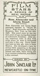 1937 John Sinclair Film Stars #96 Ross Alexander / Gloria Stuart Back