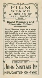 1937 John Sinclair Film Stars #32 David Manners / Claudette Colbert Back