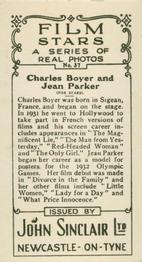 1937 John Sinclair Film Stars #37 Charles Boyer / Jean Parker Back