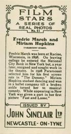1937 John Sinclair Film Stars #41 Fredric March / Miriam Hopkins Back