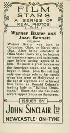 1937 John Sinclair Film Stars #51 Warner Baxter / Joan Bennett Back