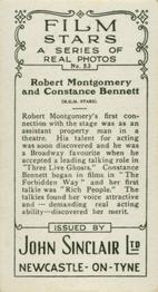 1937 John Sinclair Film Stars #53 Robert Montgomery / Constance Bennett Back