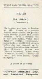 1935 Godfrey Phillips Stage and Cinema Beauties #39 Ida Lupino Back