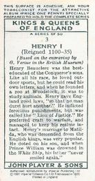 1991 Imperial Tobacco Co.1935 Player's Kings & Queens of England (reprint) #3 Henry I Back