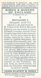 1991 Imperial Tobacco Co.1935 Player's Kings & Queens of England (reprint) #6 Richard I Back