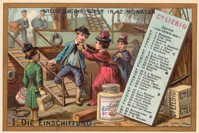 1888 Liebig Kalender II Reise um die Welt in 12 Monaten (Journey Round the World) (German Text) (F211, S210) #1 Setting Off Front