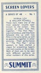 1938 Summit Screen Lovers #1 Myrna Loy / William Powell Back
