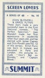 1938 Summit Screen Lovers #16 Joan Blondell / Errol Flynn Back