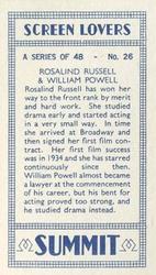 1938 Summit Screen Lovers #26 Rosalind Russell / William Powell Back