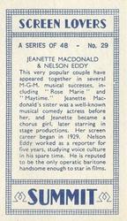 1938 Summit Screen Lovers #29 Jeanette MacDonald / Nelson Eddy Back