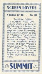 1938 Summit Screen Lovers #39 Tamara Desni / Robert Newton Back