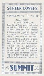 1938 Summit Screen Lovers #40 Nan Grey / Kent Taylor Back