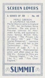1938 Summit Screen Lovers #46 Merle Oberon / Laurence Olivier Back
