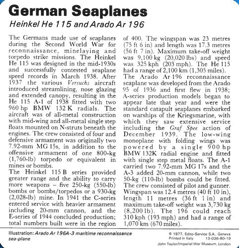 1977 Edito-Service World War II - Deck 80 #13-036-80-19 German Seaplanes Back