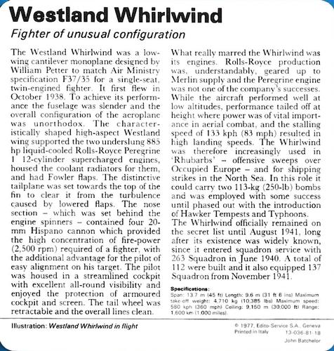 1977 Edito-Service World War II - Deck 81 #13-036-81-18 Westland Whirlwind Back