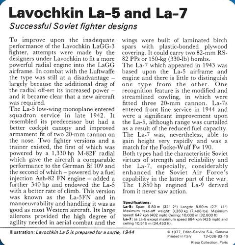 1977 Edito-Service World War II - Deck 83 #13-036-83-19 Lavochkin La-5 and La-7 Back