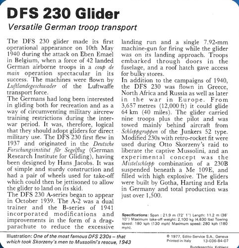 1977 Edito-Service World War II - Deck 84 #13-036-84-07 DFS 230 Glider Back