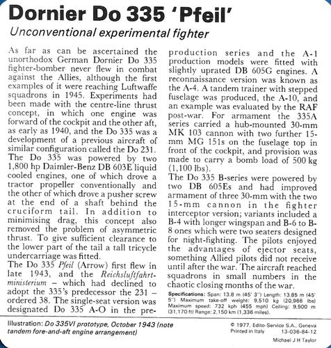 1977 Edito-Service World War II - Deck 84 #13-036-84-12 Dornier Do 335 'Pfeil' Back